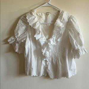 Romantic White Eyelet Ruffle Blouse Cotton Short Puff Sleeve Summer Small